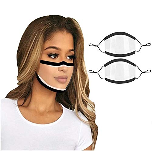 CNMAMZ 2 Pack Washable and Reusable Clear Cover Transparent Face Shield Protective Bandanas with Visible Windows, Clear Shield for Deaf and Hard of Hearing (Black+Clear)