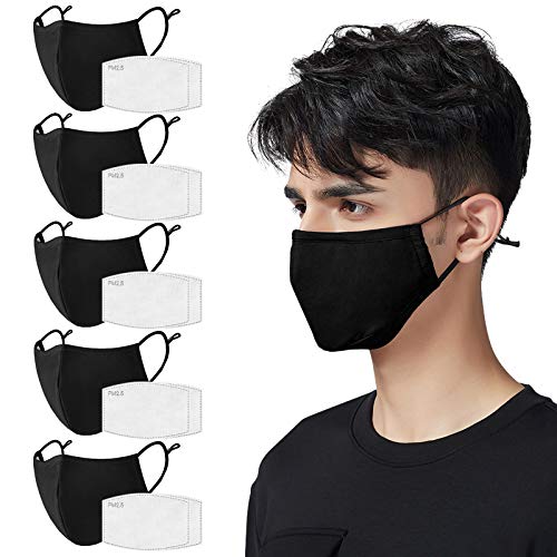 Black Cloth Face Mask 5 Pack with 10 Filters, 3-Ply Machine Washable Reusable Face Mask with Adjustable Earloops for Home Office Work Breathable Mask for Adults Women Men,5 Pack