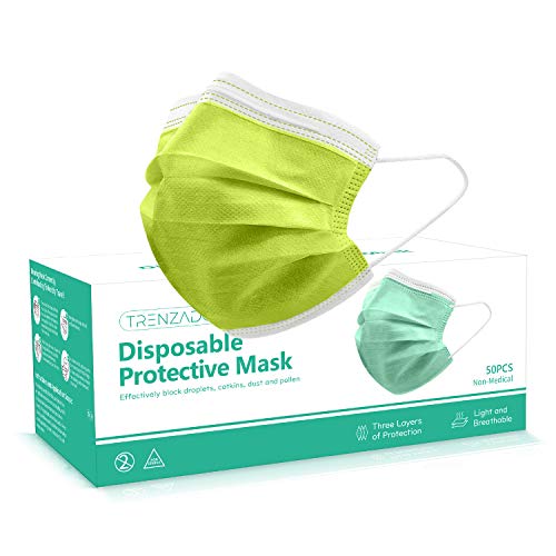 Green Disposable Face Masks, 50 Pcs Daily Protective Mask for Face Comfortable 3 Layers Safety Mask with Elastic Earloops