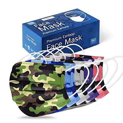 Disposable Face Mask - Camo Face Mask for Men and Women - 5 Colors 3-Ply Non Woven Camouflage Dust Mask (50Pcs)