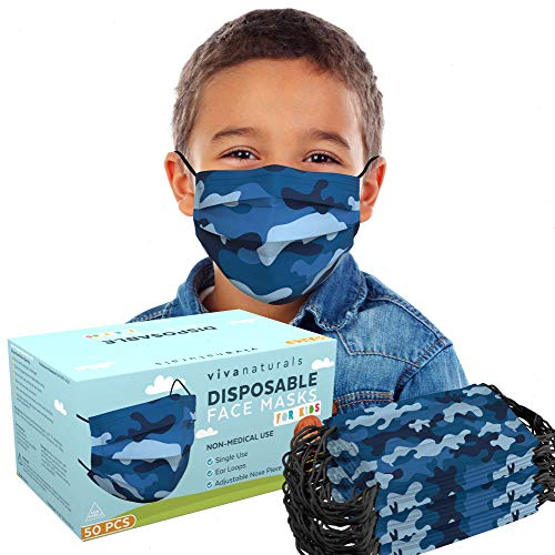 Blue Camo Face Mask for Kids (50 Pack) - Kids Face Mask Boys Designed with Comfortable Earloops & Adjustable Metal Nose Strip, Premium 3-PLY Disposable Boys Face Mask for Indoor and Outdoor Use