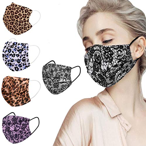 Disposable Face Mask Leopard and Lace - 50Pcs 3-Ply Breathable Anti Dust Filter Safety Mask for Indoor Outdoor Home Office Travel (Five fashionable colors)