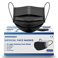 Load image into Gallery viewer, Medical Grade Face Mask Disposable Black 4 Layer 50 pcs, Breathable Face Mask with Metal Nose Wire Clip and Soft Elastic EarLoops Mask for Family Adult Teens
