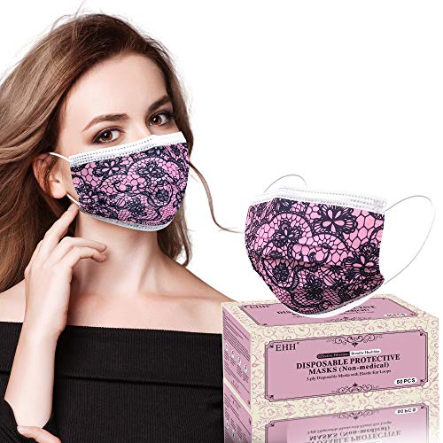 Disposable Face Masks, Face Mask for Women, Breathable 3- Ply Face Mask with Lace Fashion Pattern, Adjustable Nose Wire and Elastic Ear Loops（50Pcs）Pink