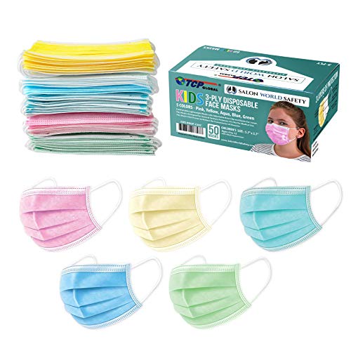 TCP Global Salon World Safety - Kids Face Masks 50 Pk 3-Ply Protective PPE (5 Colors, 10 Each)