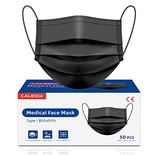 Disposable Face Masks Medical Grade 4 Ply Black Hospital Protective Breathable Comfortable Safety Mask with Earloops and Metal Nose Wire Clip for Family Adult Teens Ourdoor（50PCS）