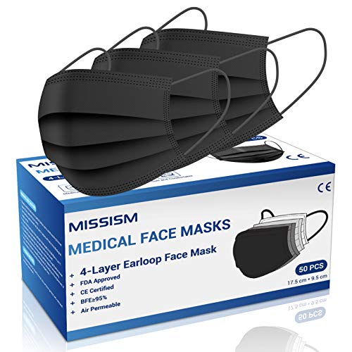 Medical Grade Face Mask Disposable 4 Layer Black 50 PCS, Breathable Face Mask