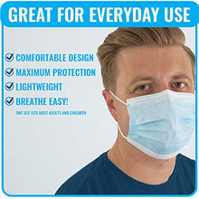 Load image into Gallery viewer, PS Direct Products 50 Pack Disposable 3-Ply Face Mask with Elastic Ear loops - Built-In Filter, Breathable Protection, Adjustable Nose Bridge, One Size Fits Most, Blue
