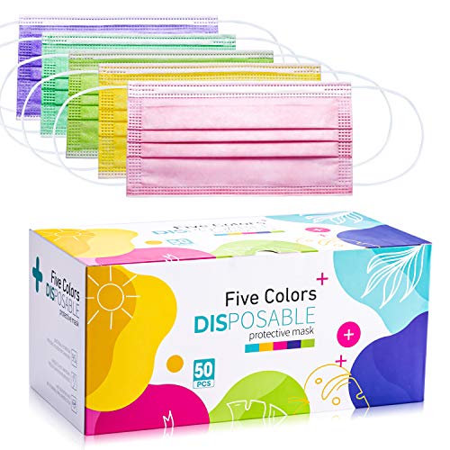 Disposable Face Mask, 3 Layer Disposable Masks Five Color Masks with Nose Clip and Elastic Ear Loop, Face Mask Breathable Safety Masks for home office outdoor