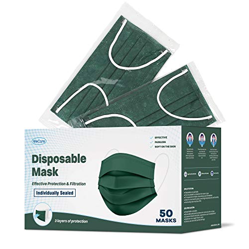 WeCare Disposable Face Mask Individually Wrapped - 50 Pack, Hunter Green Masks - 3 Ply