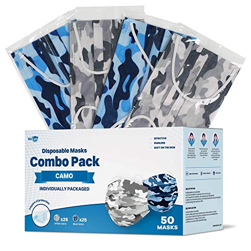 WeCare Disposable Face Mask Individually Wrapped - 50 Count, Camo Variety Pack - 3 Ply Masks