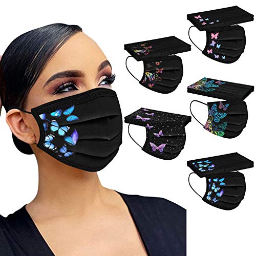 Butterfly Printed Paper Disposable 3 Layer Face Mask Fashionable with Cute Designs Print Dust Windproof for Women Men Adult Full Face Protection (50PCS /Mixed Pattern/14)