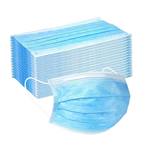 PS Direct Products 50 Pack Disposable 3-Ply Face Mask with Elastic Ear loops - Built-In Filter, Breathable Protection, Adjustable Nose Bridge, One Size Fits Most, Blue