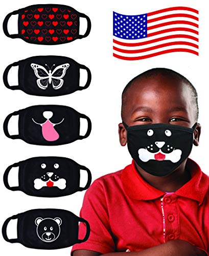 Kids Face Mask Reusable Washable Comfortable - MADE IN USA - Polyester, Spandex, Cotton Stretchy Material Fits Age 2-9 - Complete 5 Pack