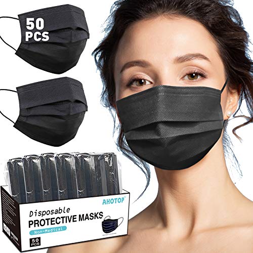 Black Disposable Face Mask, Breathable Individually Wrapped Dust Mask, Comfortable Cool Face Masks with Nose Wire Ear Loop for Adult Men Women Indoor Outdoor, 3 Ply 50PCS