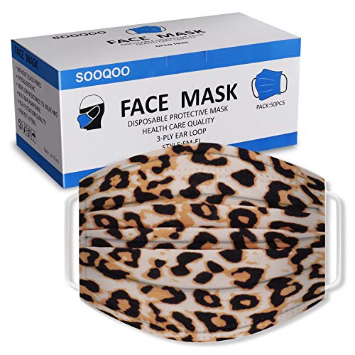 SOOQOO Disposable Face Mask Individually Wrapped - 50 Pack, Camo Face Masks - Soft on Skin - 3 Ply Protectors with Elastic Earloops - Latex Free