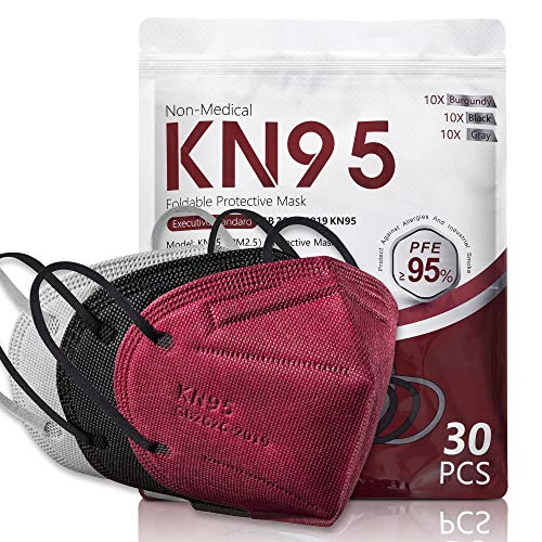 30 Pack KN95 Disposable Face Mask, 5-Ply Protection Breathable Cup Dust Masks, Protection Against PM2.5 Dust. Pollen and Haze-Proof with Elastic Earloop and Nose Bridge ，Black Gray Burgundy Set
