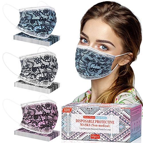 60 Pack Disposable Face Masks, Face Mask for Women with Lace Pattern Breathable 3 Layer Protection Face Mask with Adjustable Ear Loops & Nose Wire
